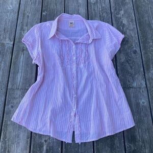Vintage Faded Glory Pink & White Striped Short Sleeve Button Up Blouse w Ruffles